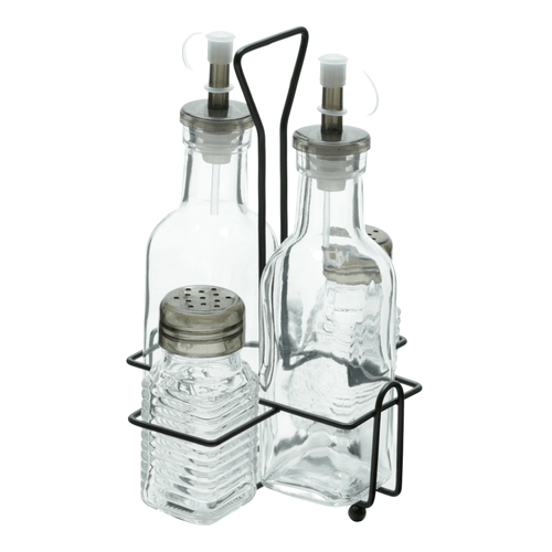 Conjunto Galheteiro de Vidro Lyor 4 Peças com Suporte de Metal Preto, 200ml e 80ml - 7088