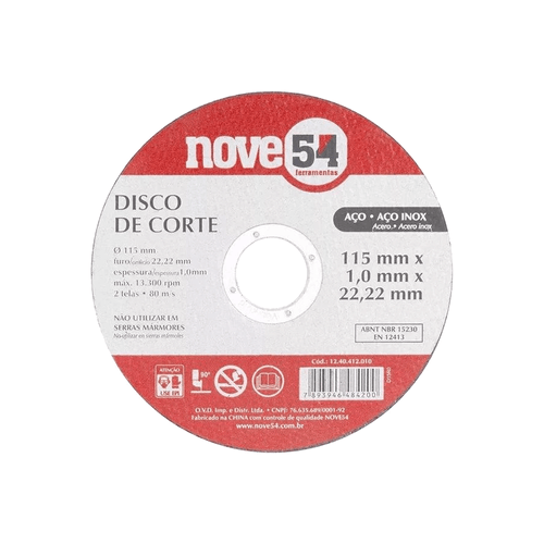Disco de Corte Nove54 DCN 954 para Aço 4 1/2" x 1mm - 1240412010