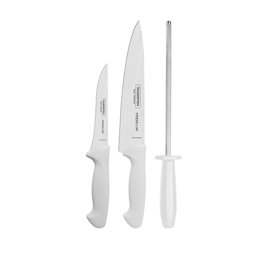 Conjunto de Facas e Chaira Tramontina Premium 3 Peças Branco, em Aço Inox e Cabo de Polipropileno – 24499/812