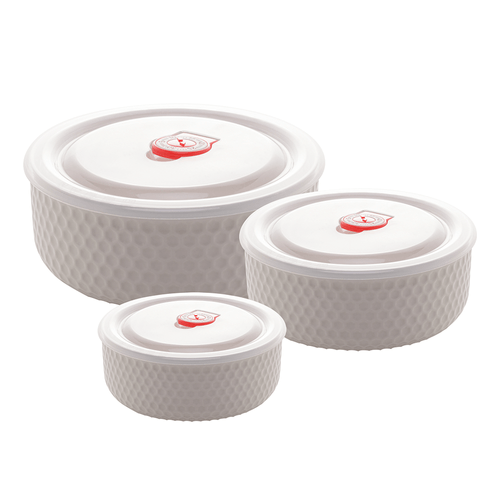 Conjunto de Potes Refratários de Porcelana Lyor New Bone, 3 Peças, com Tampa de Plástico, Branco - 8591