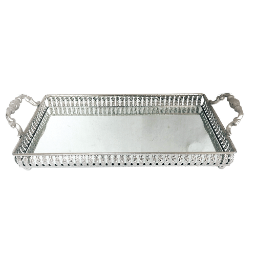 Bandeja Retangular Espelhada Class Home 33cm x 19cm, com Alças, Prateada - 1330