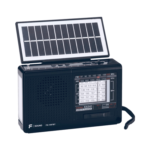 Rádio Portátil F-Sound Solar 8 Faixas, AM/FM + 6SW, USB e Bluetooth - FS1587BT Preto