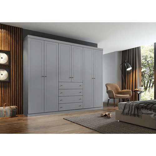 Guarda - Roupa / Roupeiro Henn Americano, 6 Portas, 4 Gavetas, Cinza - D205-131