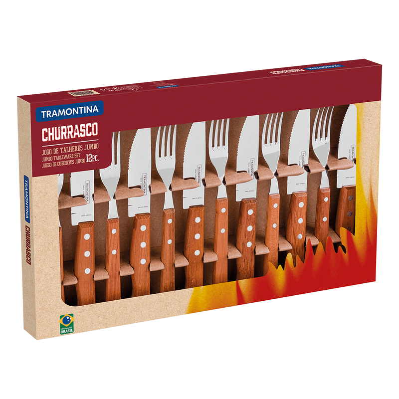 Kit Churrasco Tramontina Jumbo Aço Inox Cabo em Madeira com Garfo e Faca 12  Peças - Shopping TudoAzul