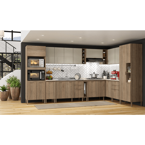 Cozinha Completa Modulada THB Personalité, 14 Peças, 3,84x2,25 Metros - Canela Bp / Noce Brilho