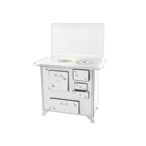 Fogão a Lenha Venâncio Nº2 Gabinete Tradicional Branco/Estampa Florida com Tampa - Chaminé Saída Lado Esquerdo