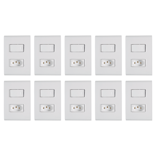 Kit com 10 Interruptores Simples com Tomada Liz 2 Pinos + Terra 10A/250V Tramontina Branco