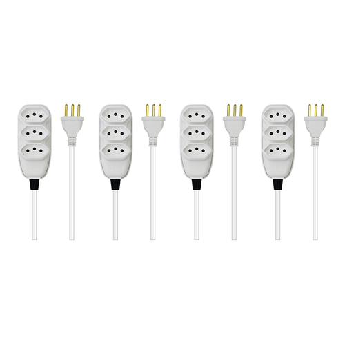Kit Com 4 Extensões Elétricas Ilumi 2 Pinos + Terra 10A 250V Com 3 Tomadas 5 Metros, Branco - 171001