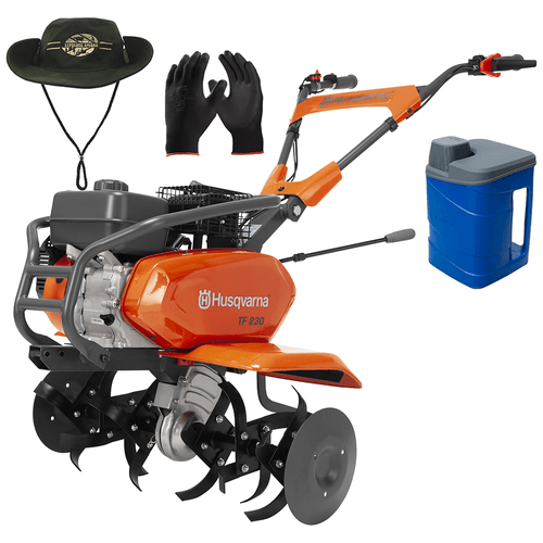 Kit com Motocultivador Husqvarna TF230 + Chapéu/Garrafão Térmico/Luva