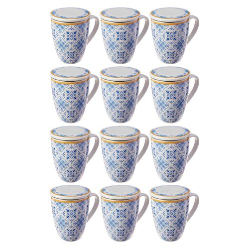 Conjunto de 12 Canecas 310ml Lyor Lisboa Com Filtro E Tampa Azul E Branco, Porcelana