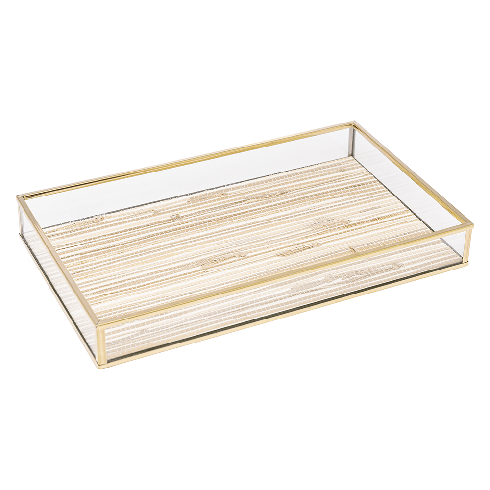 Bandeja Retangular De Metal Lyor 20cm X 30cm, Dourada Com Palha
