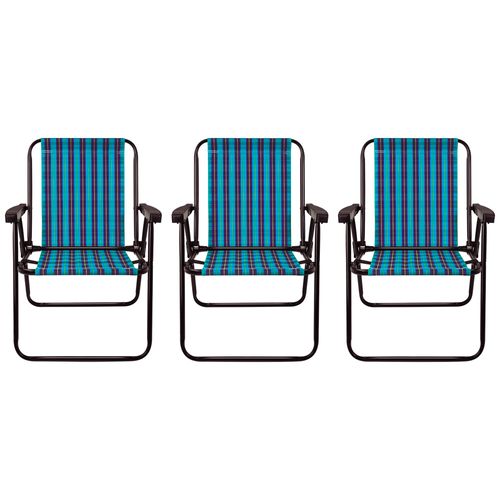 Conjunto Com 03 Cadeiras De Praia Alta De Aço Mor Xadrez Marine - 2052