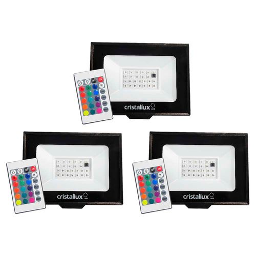 Kit 3 Refletores LED Cristallux 100W RGB Bivolt