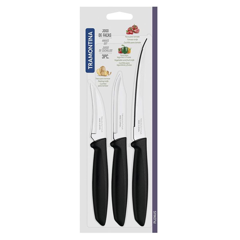 Conj  Facas Tramontina Plenus 3 P s Inox Poliprop  Preto 0