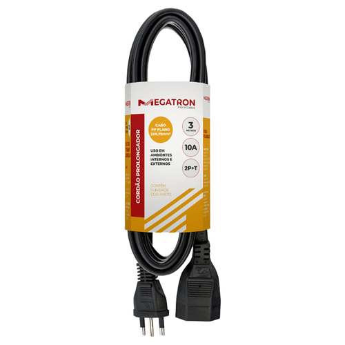 Cordão Prolongador PP 3x0,75x3M Preto Megatron 011407L0300