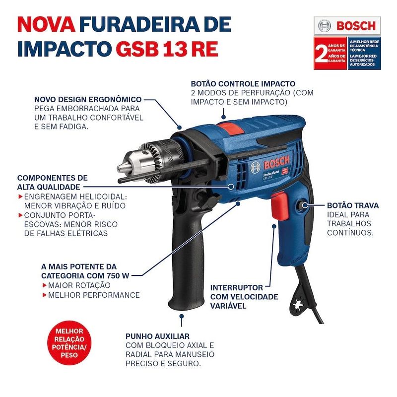 Furadeira Bosch GSB 13 RE Impacto 750W 1 2 3