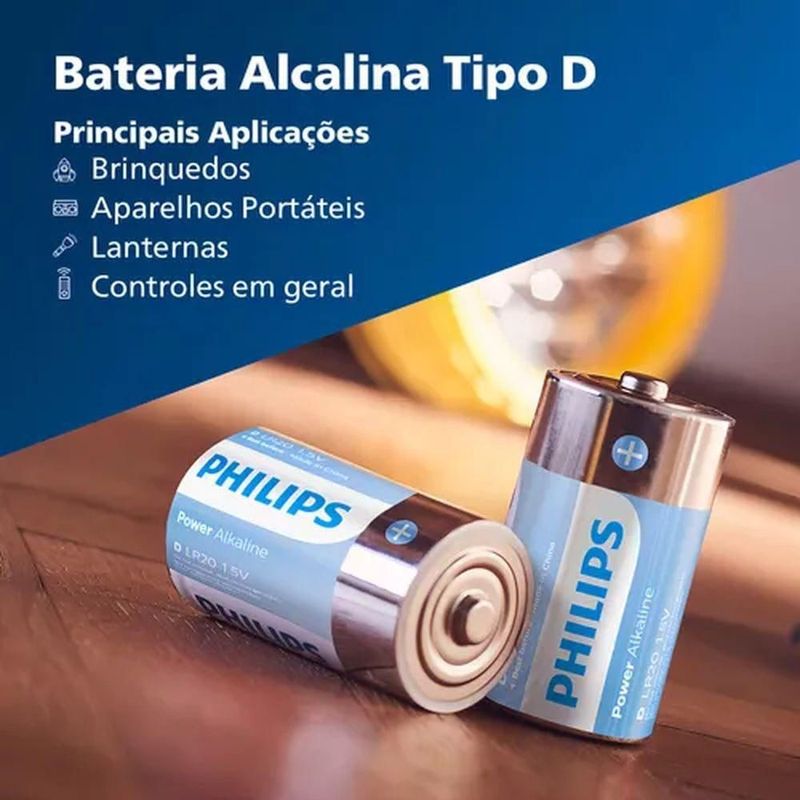 Pilha Alcalina Grande D Philips Com 2 Unidades - Lr20p2b 59 3