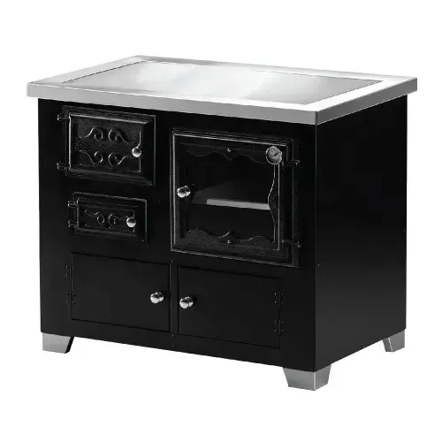 Fogão a Lenha HMD Romano Preto com Chapa de Ferro Escovado - Chaminé Saída Lado Direito