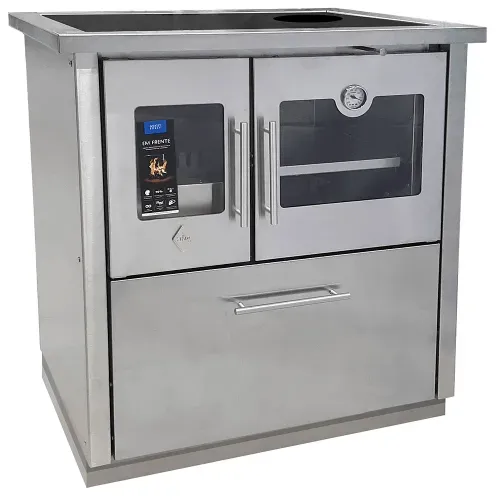 Fogão A Lenha Hmd Trento Inox, Com Chapa Vitrocerâmica E Com Furo Na Chapa - Chaminé Saída Lado Direito