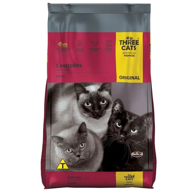 Ra  o Hercosul Three Cats Original Para Gatos Castrados  Carne 10 1kg 0