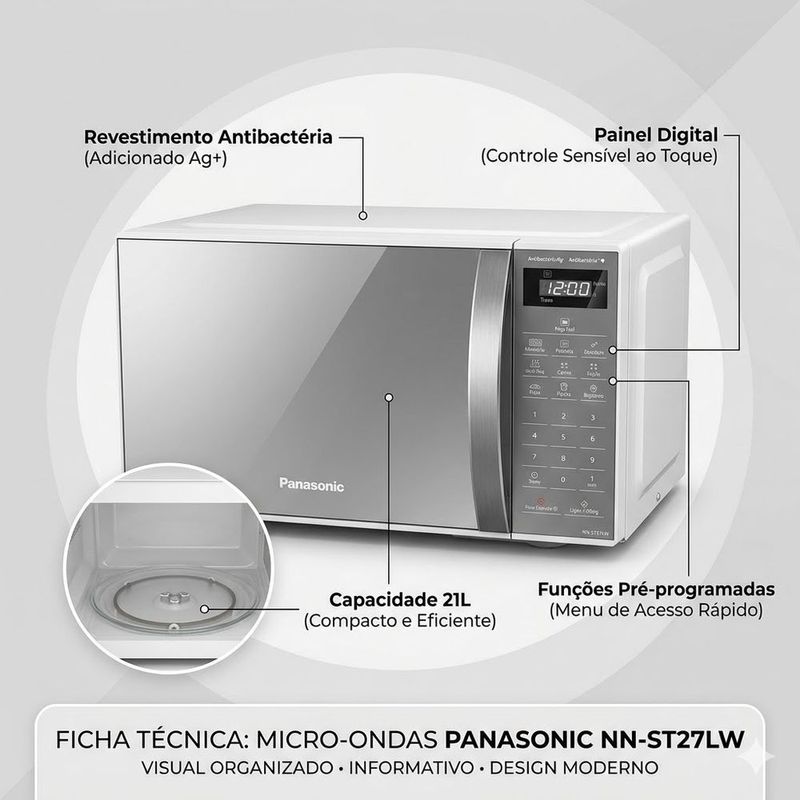 Micro-ondas Panasonic ST27L 21L Antibact ria AG Branco Espelhado 220V 7