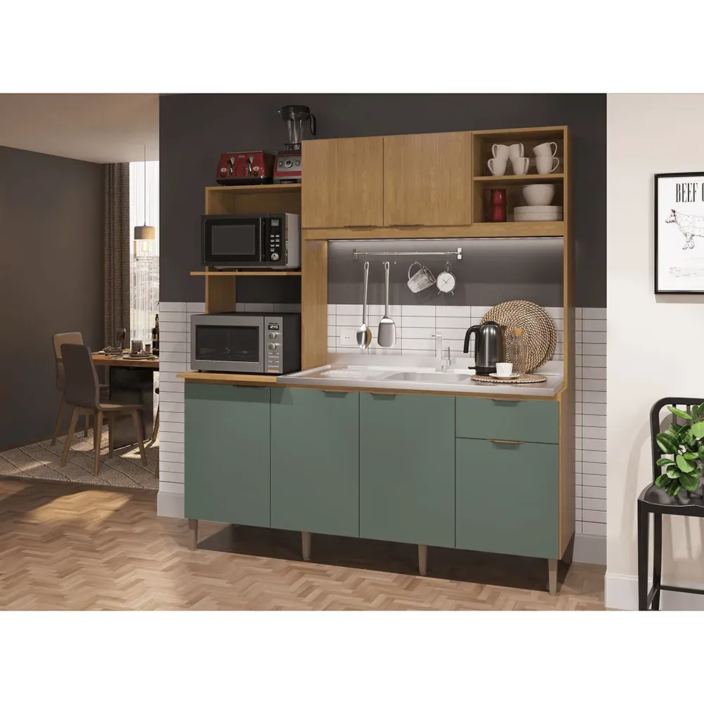 Encontraproduto.com.br - Cozinha Compacta Cadorin Dália New, Com Pés, 1028 - Freijó / Verde Musgo