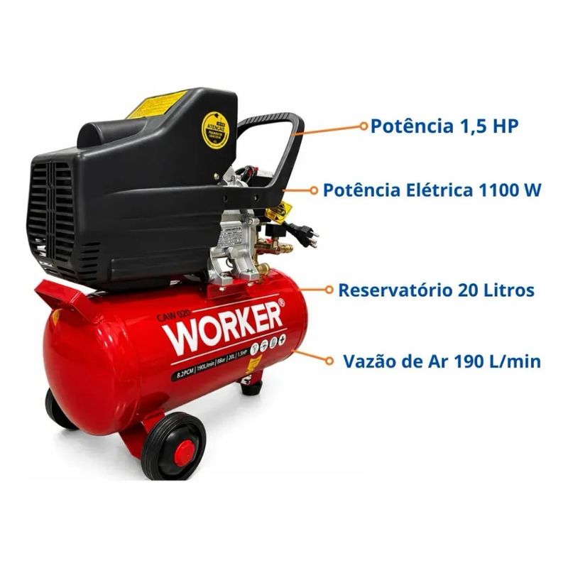 Compressor de Ar 20L 1 5HP 8bar 127V Worker  Ref  366063  6